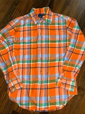 Ralph Lauren Women’sOrange,Blue & Green Plaid Button-Down Shirt, 2 front pockets